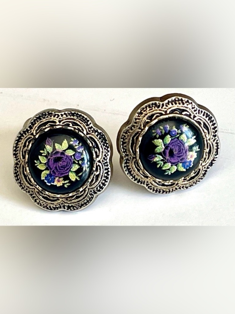 Vintage Floral Button Earrings Black Purple Rose Flower Silver Tone Studs EUC
